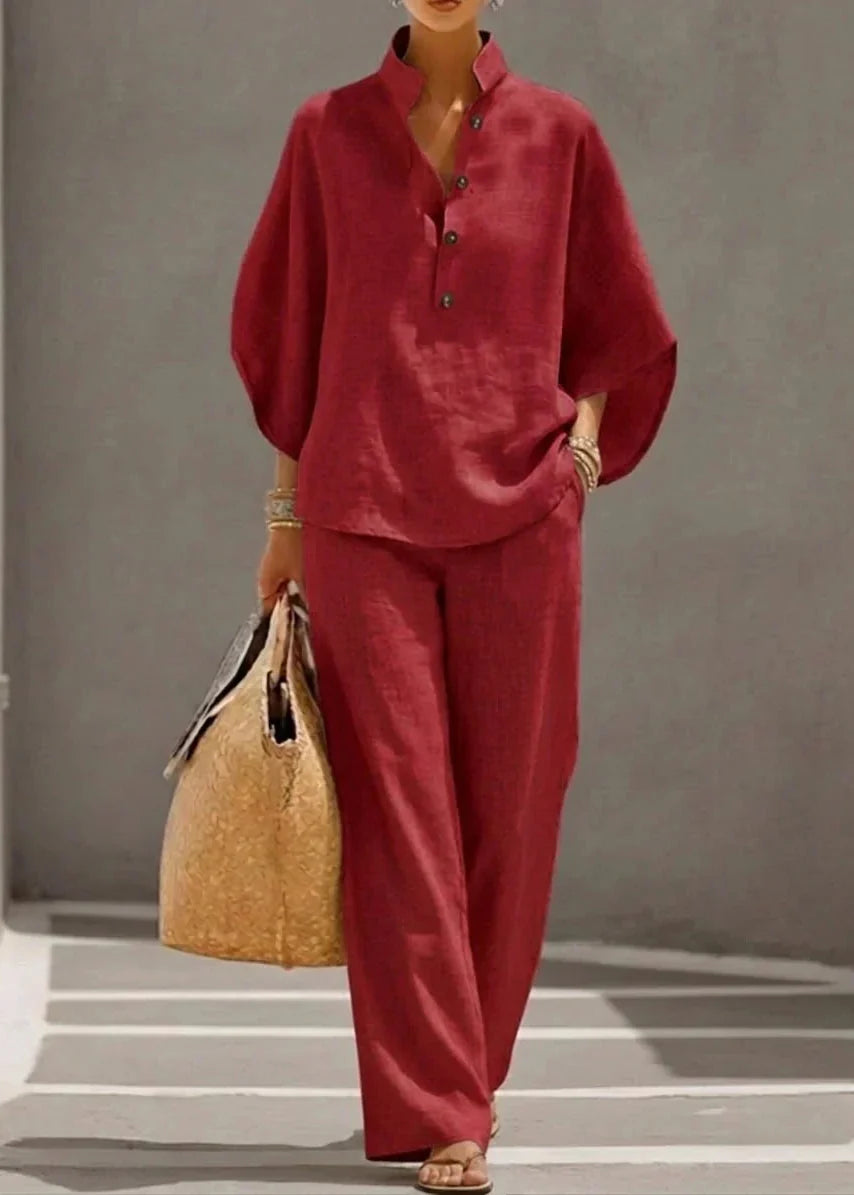 Maribel | Ensemble en lin avec manches chauve-souris et pantalon large
