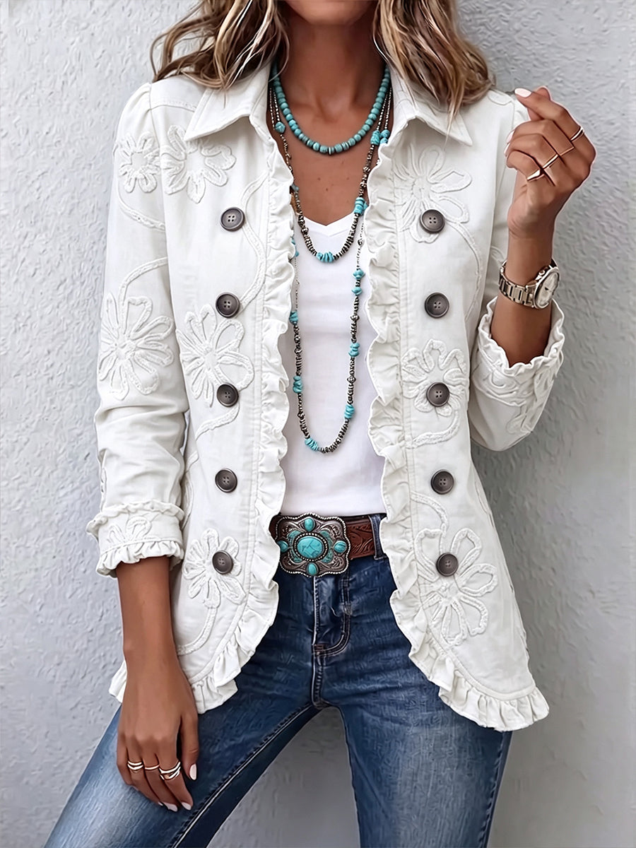 Camille | Veste Bohème-Chic Brodée Fleurs Ivoire à Finitions Froncées