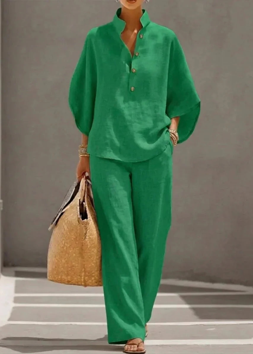 Maribel | Ensemble en lin avec manches chauve-souris et pantalon large