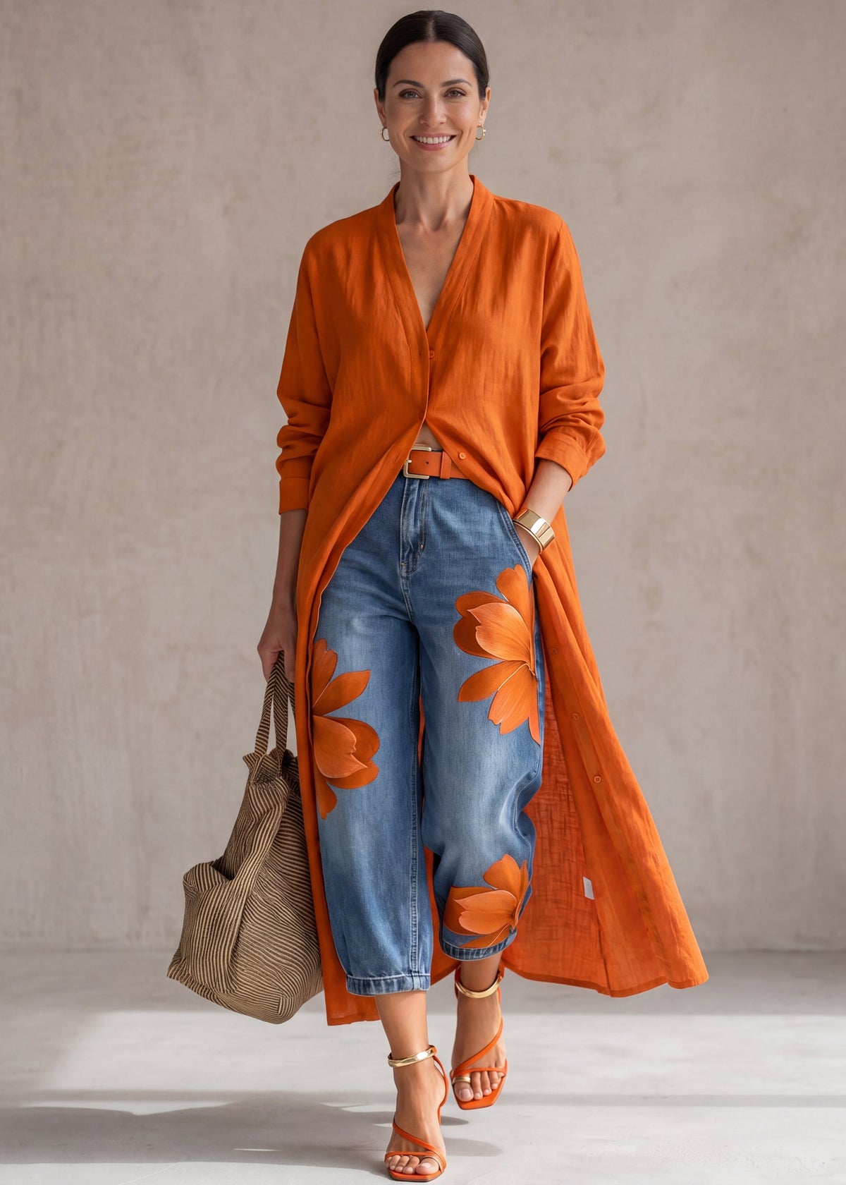 Rosa · Ensemble Robe Chemise Rouge et Jeans Amples Floraux