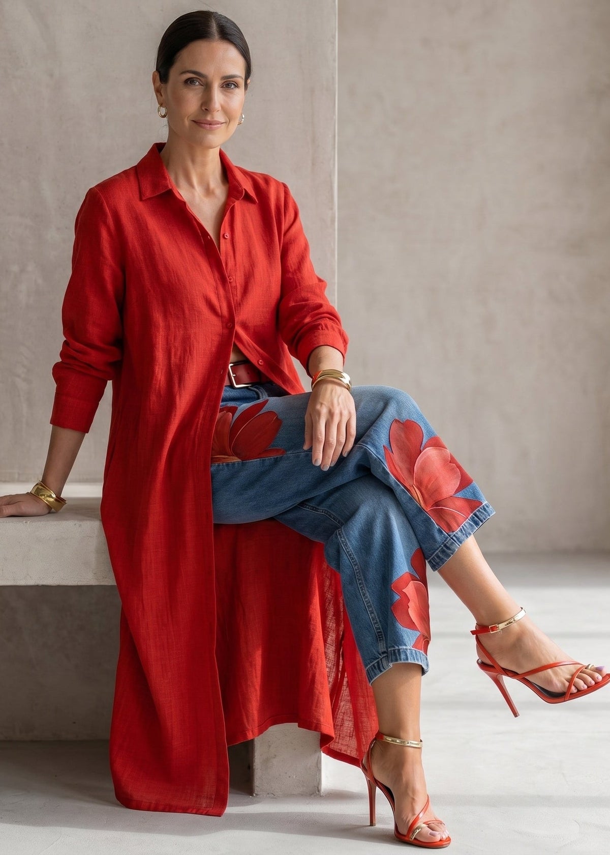 Rosa · Ensemble Robe Chemise Rouge et Jeans Amples Floraux