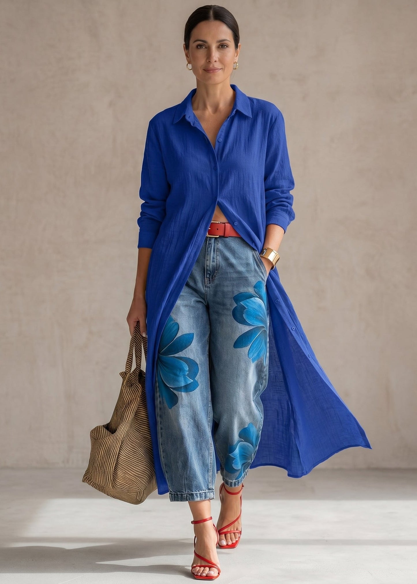 Rosa · Ensemble Robe Chemise Rouge et Jeans Amples Floraux