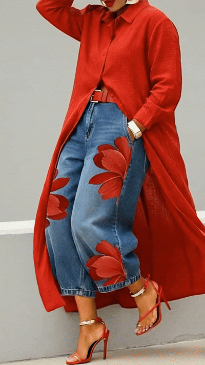 Rosa · Ensemble Robe Chemise Rouge et Jeans Amples Floraux