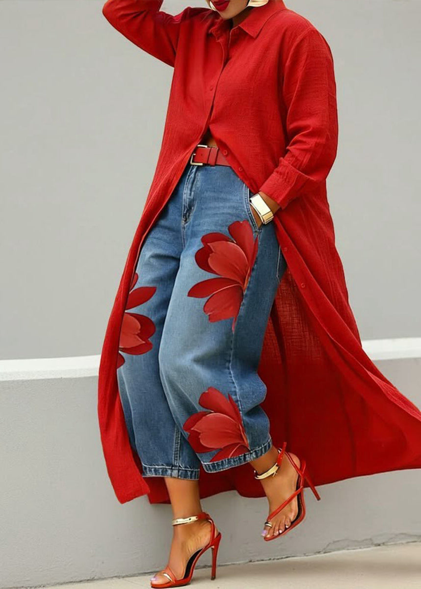 Rosa · Ensemble Robe Chemise Rouge et Jeans Amples Floraux