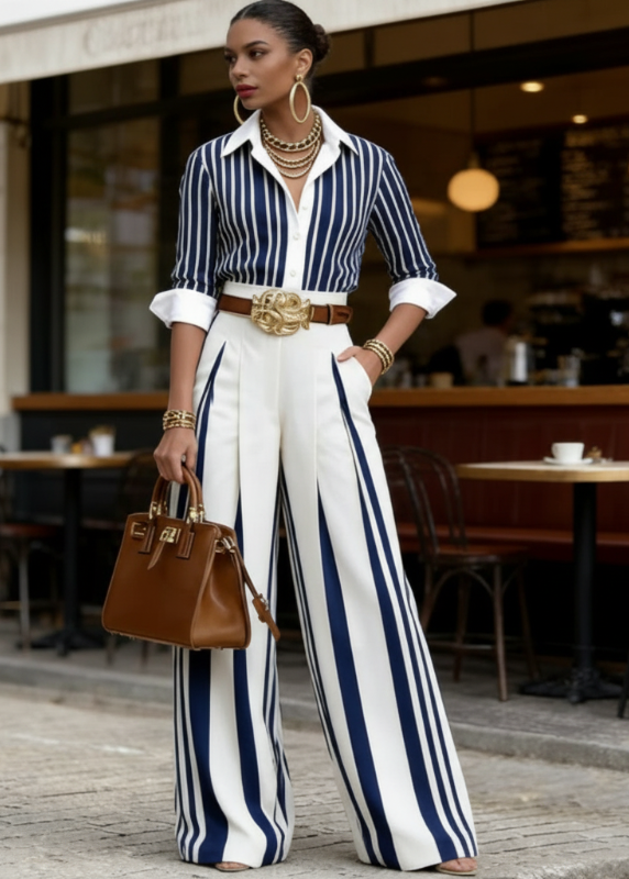 Lucia : Ensemble Femme Rayé Avec Chemise Et Pantalon Large