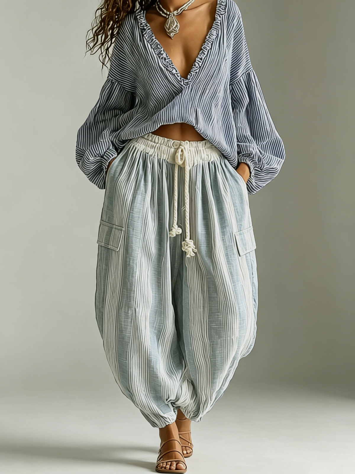 Francesca™ | Ensemble Bohémien Haut et Pantalons Rayés avec Manches Lanternes