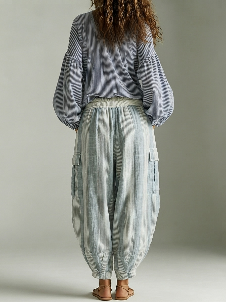 Francesca™ | Ensemble Bohémien Haut et Pantalons Rayés avec Manches Lanternes